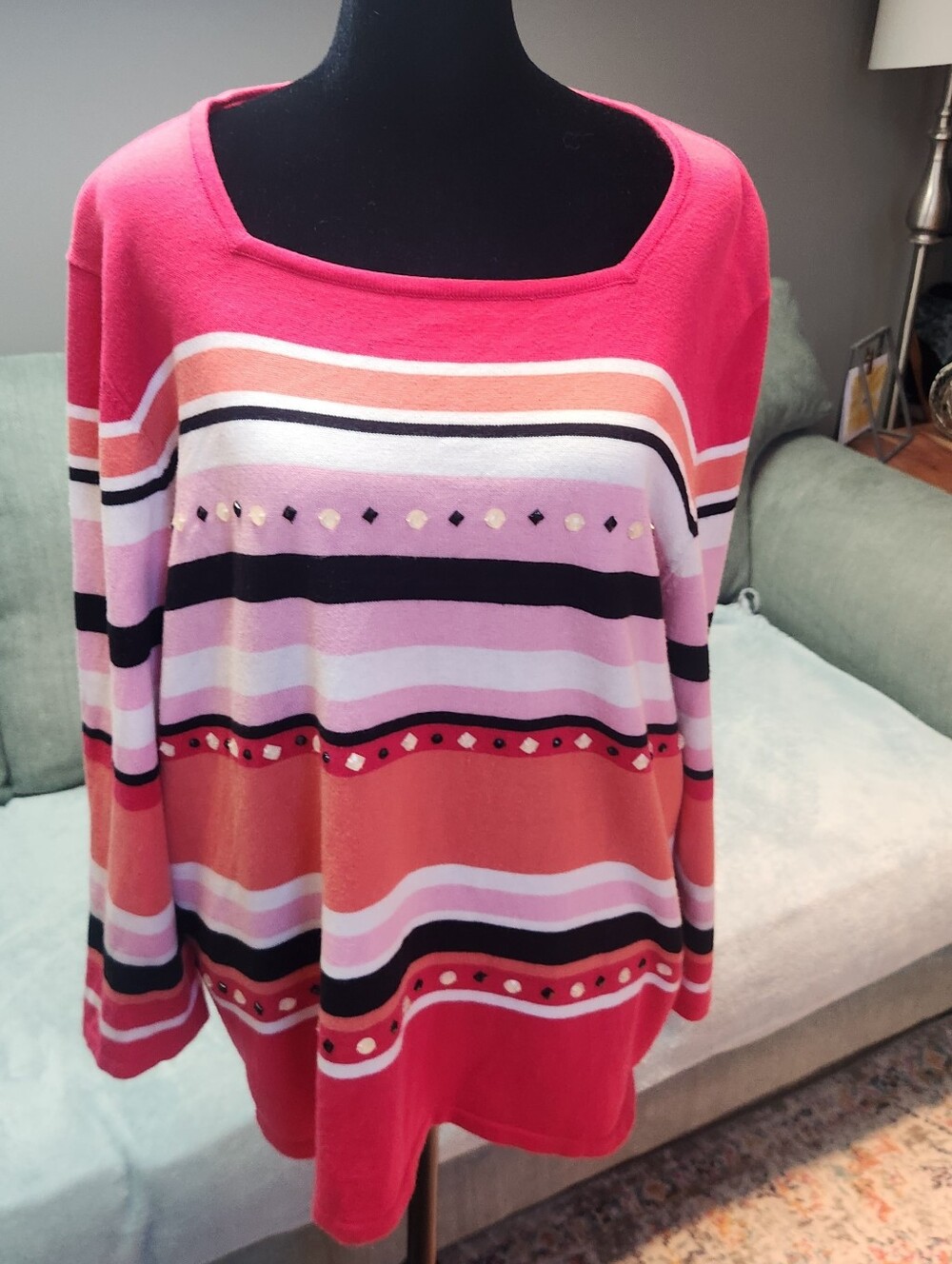 Alfred Dunner Striped Pink Multicolor Lightweight Sweater Large Cotton Blend